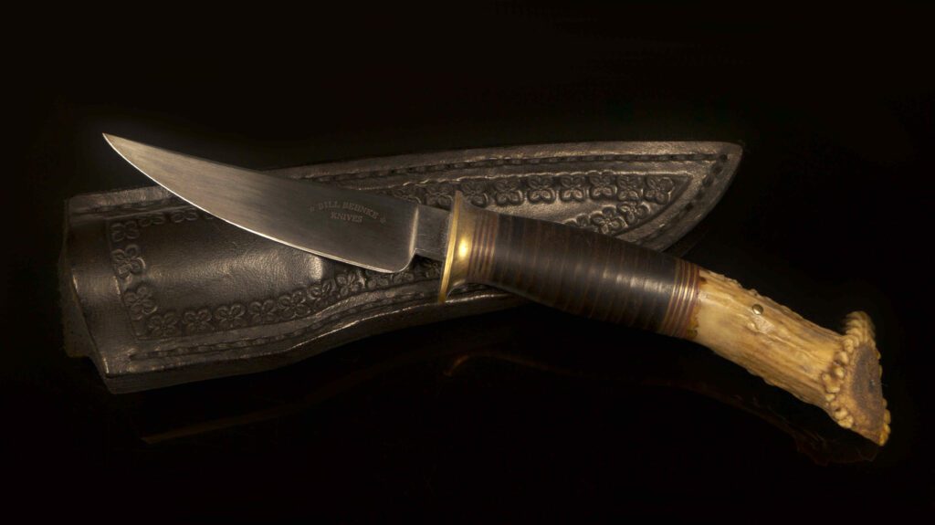 Bill Behnke Hand-Forged Hunting Knife – Stacked Leather & Stag Crown Handle