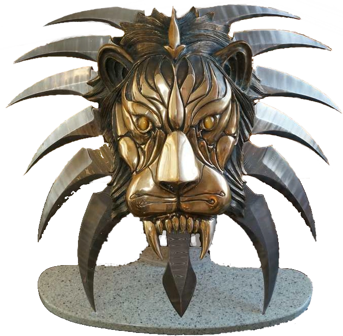 Gil Hibben handcrafted shield ‘Leo Pantera,’ featuring detailed metalwork and intricate engravings, one of a set of three unique collector’s shields.