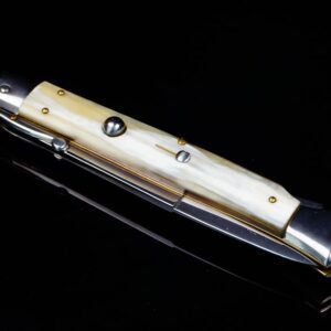 Frank Beltrame 11-inch Italian stiletto swinguard knife with genuine mother of pearl handle and polished stainless steel blade.