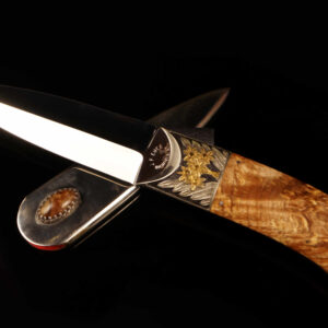 J.F. Ence Custom Art Dagger – 9.5" Mirror-Polished Blade, Engraved Gold Inlay Fluted Bolster, Custom Maple Burl Handle & Matching Inlaid Scabbard