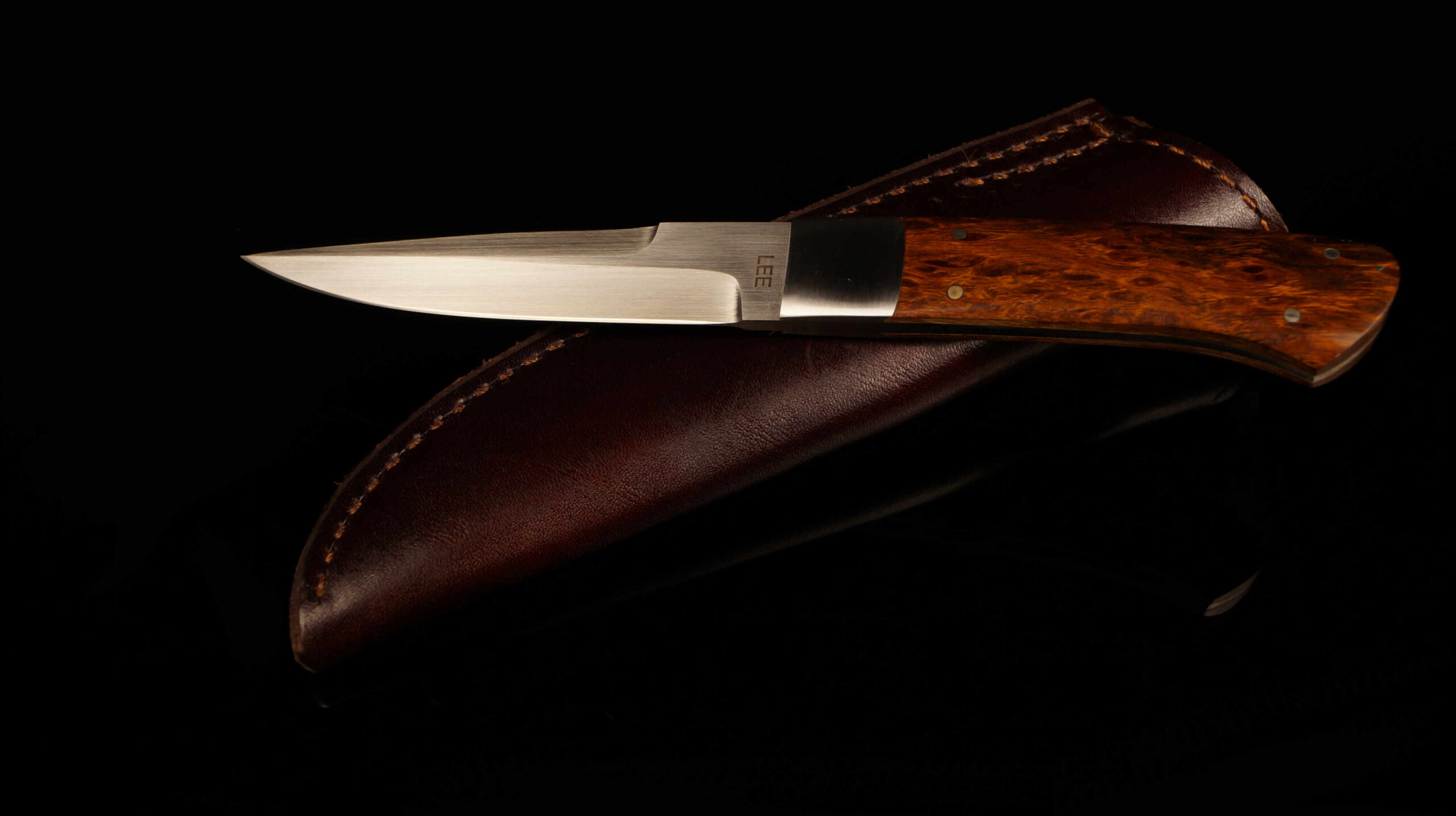 Vintage Tommy Lee Custom Fixed-Blade Boot Knife - Burl Wood & Sheath
