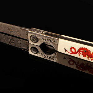 Michael Walker Custom Folding Knife – Damascus Blade, Dual Dragon Scrimshaw #50