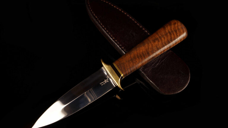 Vintage 1976 Pat Crawford Custom Boot Knife #12 – Tiger Maple & Brass